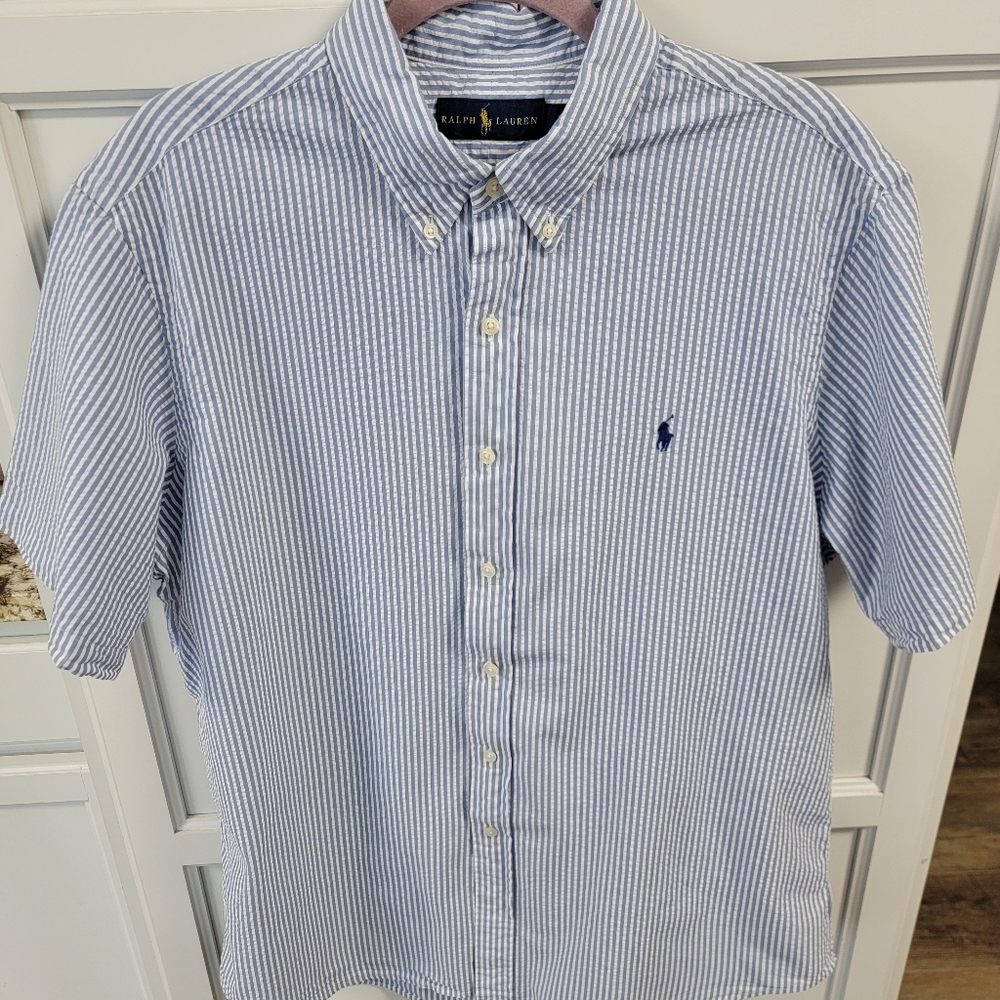 Ralph Lauren Shirt Mens XL Blue Striped Seersucker Short Sleeve Pony Summer
